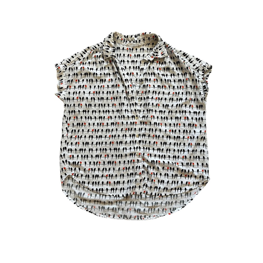 Whimsical Jane + Delancey Bird Print Rayon Button Down Top Size M High Low